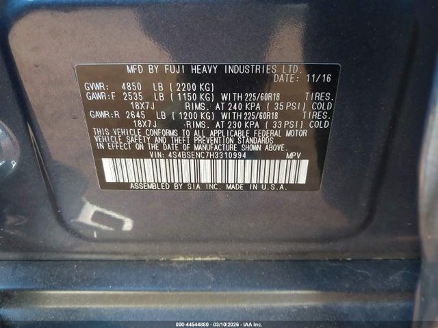 Aukcja sprzedaży 2017 Subaru Outback 3.6r Limited, vin: 4S4BSENC7H3310994, numer aukcji: 44544880