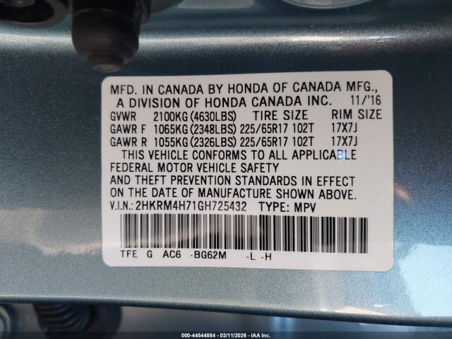 Aukcja sprzedaży 2016 Honda Cr-v Ex-l, vin: 2HKRM4H71GH725432, numer aukcji: 44544884
