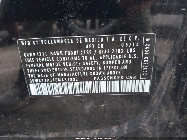 44544885 :رقم المزاد ، 3VWB17AJ4EM437992 vin ، 2014 Volkswagen Jetta 1.8t Se مزاد بيع