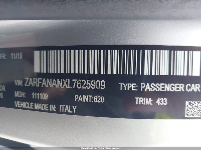 44544914 :رقم المزاد ، ZARFANANXL7625909 vin ، 2020 Alfa Romeo Giulia Sport Awd مزاد بيع