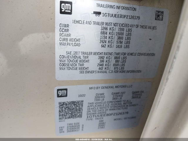 2023 Gmc Sierra 1500 მანქანა იყიდება აუქციონზე, vin: 1GTUUEE80PZ126379, აუქციონის ნომერი: 44544916