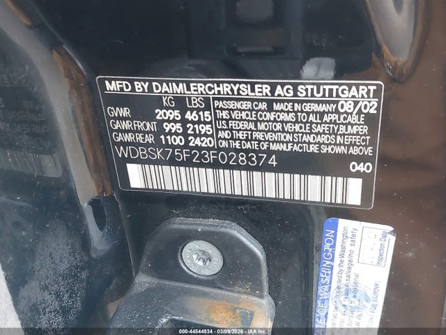 44544934 :رقم المزاد ، WDBSK75F23F028374 vin ، 2003 Mercedes-benz Sl 500r مزاد بيع