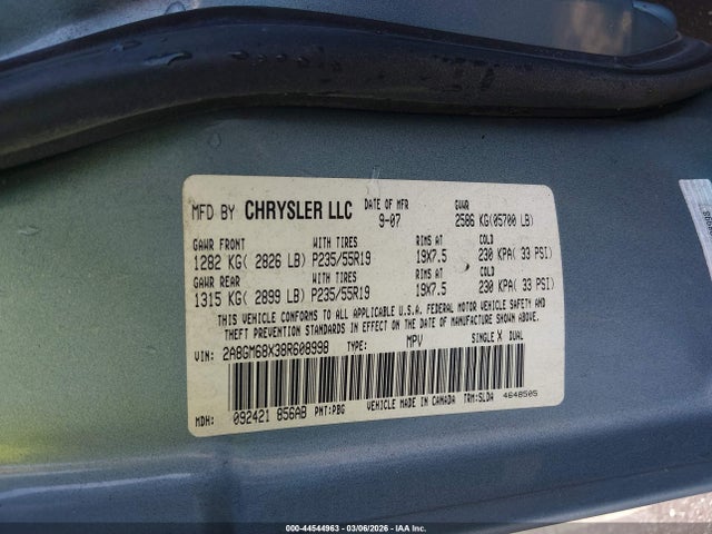 44544963 :رقم المزاد ، 2A8GM68X38R608998 vin ، 2008 Chrysler Pacifica Touring مزاد بيع