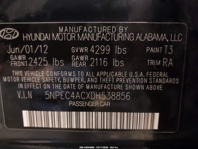 Aukcja sprzedaży 2013 Hyundai Sonata Limited, vin: 5NPEC4ACXDH538856, numer aukcji: 44544966