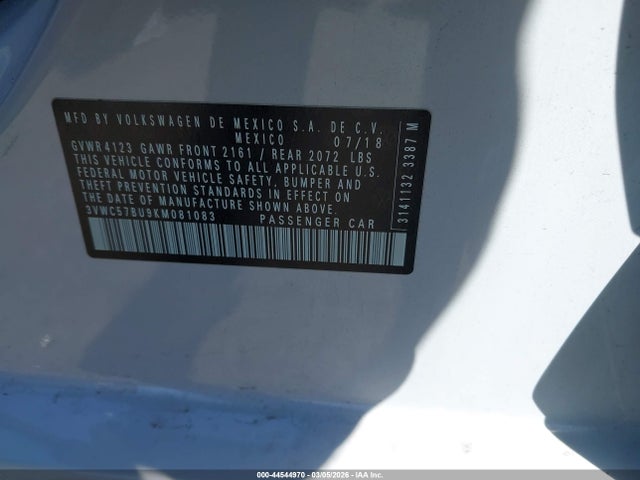 44544970 :رقم المزاد ، 3VWC57BU9KM081083 vin ، 2019 Volkswagen Jetta 1.4t R-line/1.4t S/1.4t Se مزاد بيع