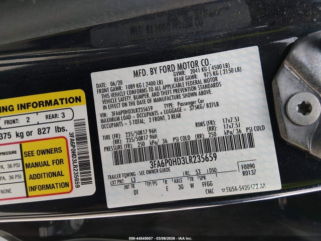 Продаж на аукціоні авто 2020 Ford Fusion Se, vin: 3FA6P0HD3LR235659, номер лоту: 44545007
