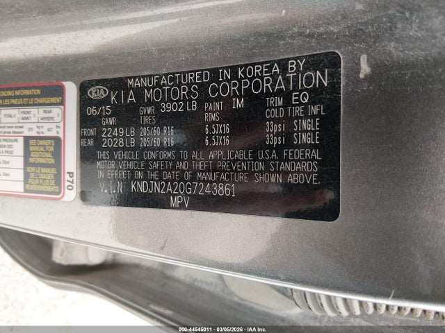 Aukcja sprzedaży 2016 Kia Soul, vin: KNDJN2A20G7243861, numer aukcji: 44545011