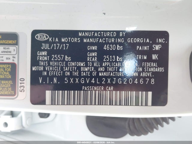 Aukcja sprzedaży 2018 Kia Optima Sx Turbo, vin: 5XXGV4L2XJG204678, numer aukcji: 44545021