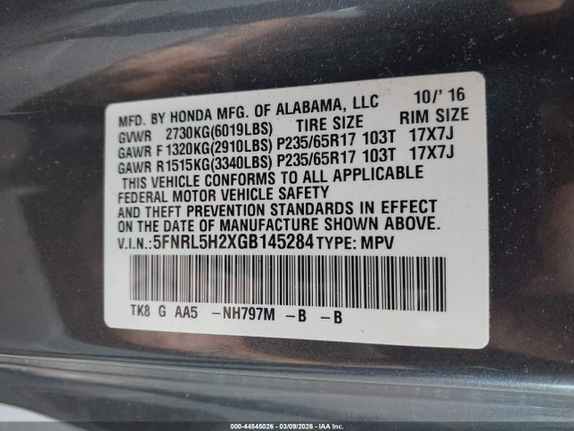 5FNRL5H2XGB145284 Honda ODYSSEY LX