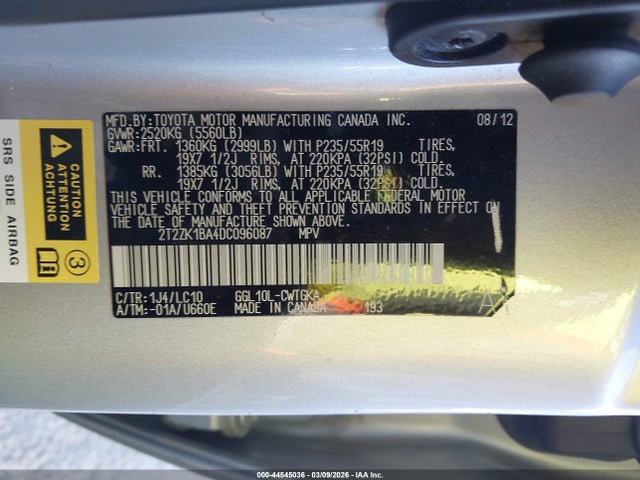 44545036 :رقم المزاد ، 2T2ZK1BA4DC096087 vin ، 2013 Lexus Rx 350 مزاد بيع