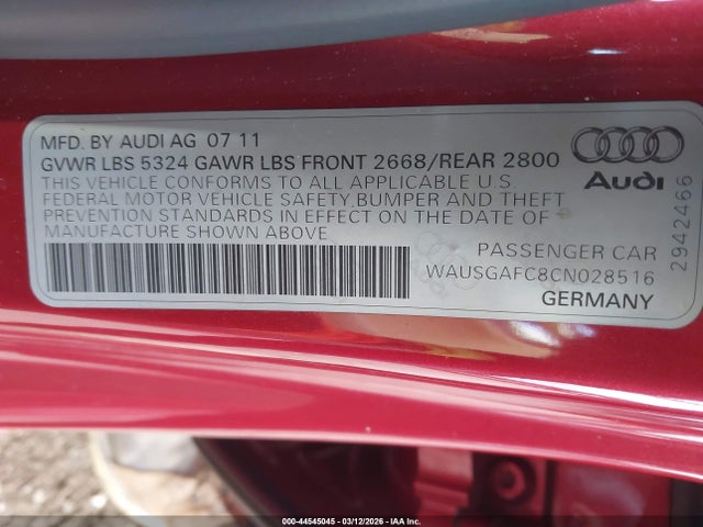 44545045 :رقم المزاد ، WAUSGAFC8CN028516 vin ، 2012 Audi A7 Premium مزاد بيع