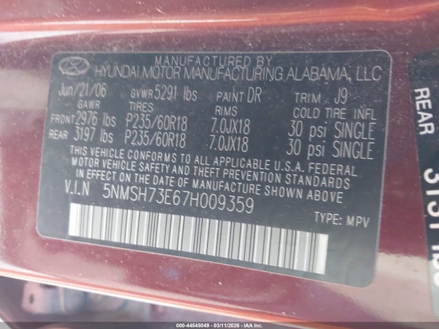 Продаж на аукціоні авто 2007 Hyundai Santa Fe Limited/se, vin: 5NMSH73E67H009359, номер лоту: 44545049
