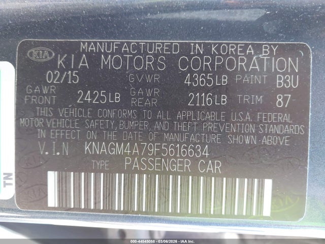 Aukcja sprzedaży 2015 Kia Optima Lx, vin: KNAGM4A79F5616634, numer aukcji: 44545058