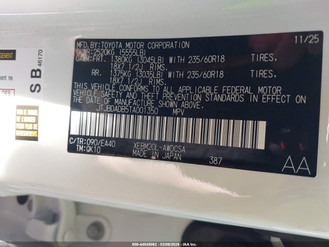 Aukcja sprzedaży 2026 Lexus Rz 350e, vin: JTJBDADB5TA001350, numer aukcji: 44545062