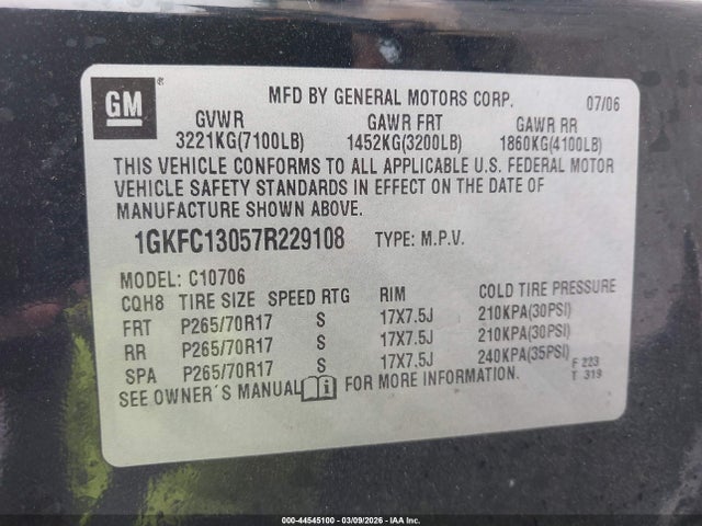 2007 Gmc Yukon Sle მანქანა იყიდება აუქციონზე, vin: 1GKFC13057R229108, აუქციონის ნომერი: 44545100