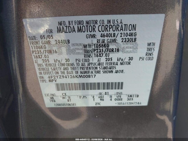 44545112 :رقم المزاد ، 4F2YZ94126KM00817 vin ، 2006 Mazda Tribute S مزاد بيع