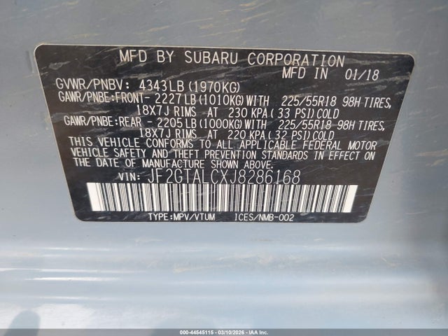 Aukcja sprzedaży 2018 Subaru Crosstrek 2.0i Limited, vin: JF2GTALCXJ8286168, numer aukcji: 44545115