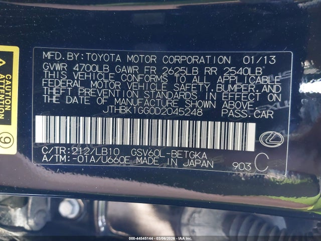 Aukcja sprzedaży 2013 Lexus Es 350, vin: JTHBK1GG0D2045248, numer aukcji: 44545144