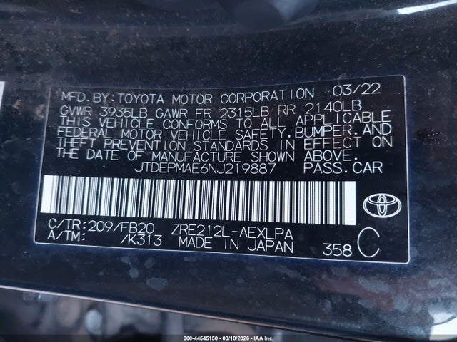 2022 Toyota Corolla Le მანქანა იყიდება აუქციონზე, vin: JTDEPMAE6NJ219887, აუქციონის ნომერი: 44545150