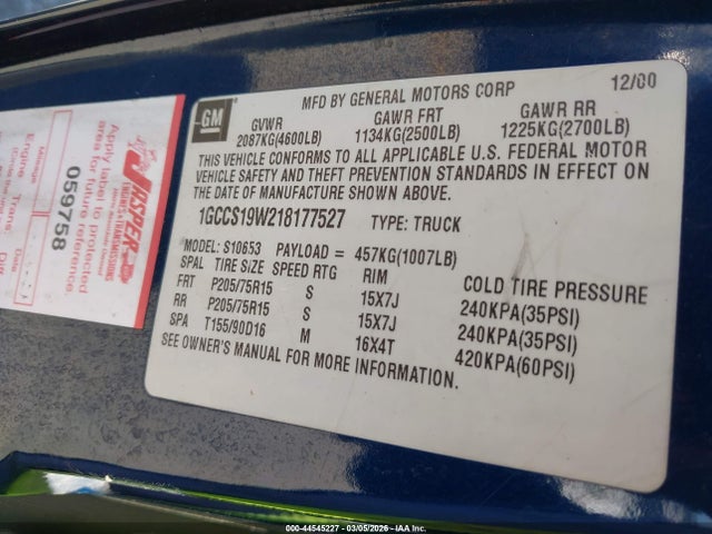 2001 CHEVROLET S-10 1GCCS19W218177527 Photo 8