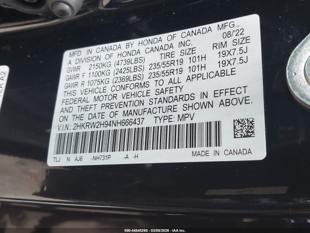 2HKRW2H94NH666437 Honda Cr-v Awd Touring