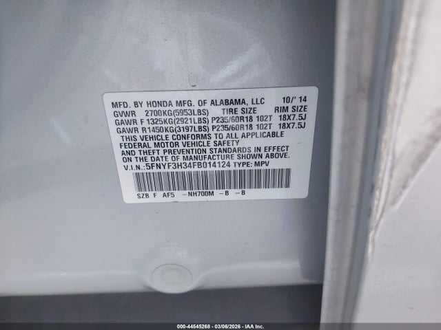 Honda PILOT SE 2015 5FNYF3H34FB014124 Image 9