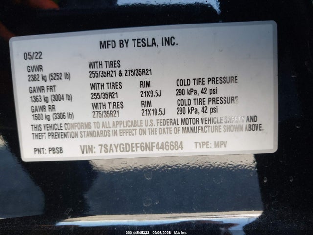 2022 Tesla Model Y Performance Dual Motor All-wheel Drive მანქანა იყიდება აუქციონზე, vin: 7SAYGDEF6NF446684, აუქციონის ნომერი: 44545333