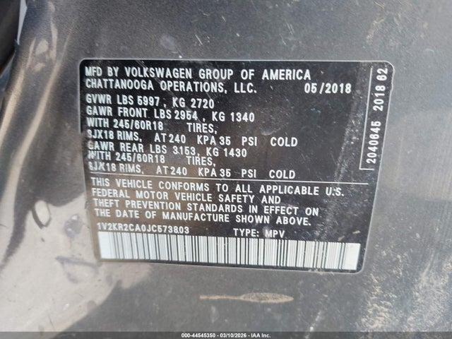 Продажа на аукционе авто 2018 Volkswagen Atlas 3.6l V6 Se, vin: 1V2KR2CA0JC573803, номер лота: 44545350