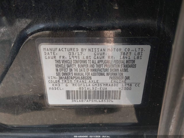 2017 Nissan Sentra Sv მანქანა იყიდება აუქციონზე, vin: 3N1AB7AP5HL685326, აუქციონის ნომერი: 44545400