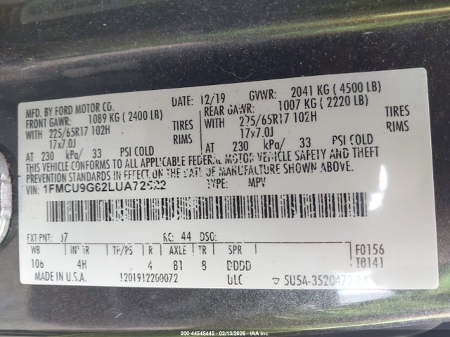Продажа на аукционе авто 2020 Ford Escape Se, vin: 1FMCU9G62LUA72522, номер лота: 44545445