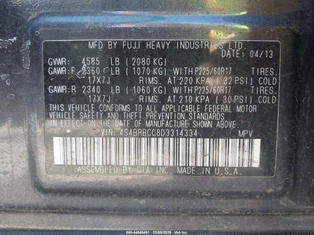 44545451 :رقم المزاد ، 4S4BRBCC8D3314334 vin ، 2013 Subaru Outback 2.5i Premium مزاد بيع