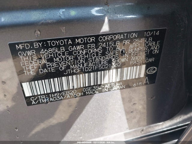 44545466 :رقم المزاد ، JTHCF1D21F5021382 vin ، 2015 Lexus Is 250 مزاد بيع
