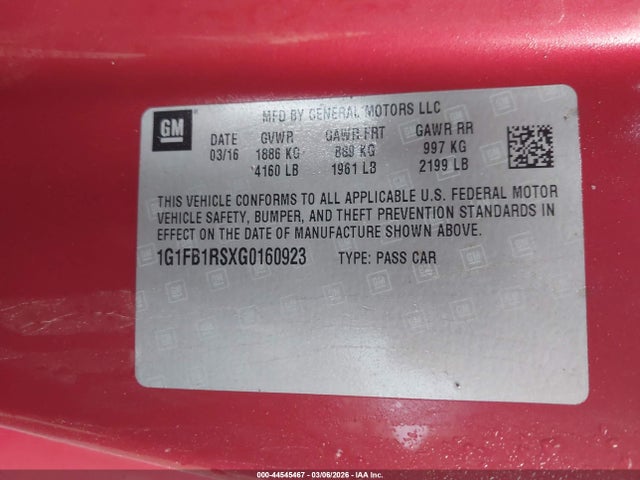 Продажа на аукционе авто 2016 Chevrolet Camaro 1lt, vin: 1G1FB1RSXG0160923, номер лота: 44545467