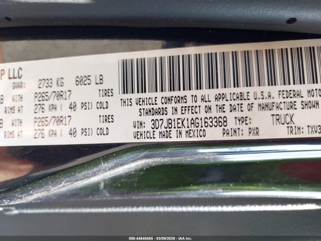 2010 Dodge Ram 1500 St მანქანა იყიდება აუქციონზე, vin: 3D7JB1EK1AG163368, აუქციონის ნომერი: 44545485