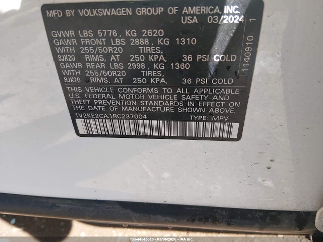 Aukcja sprzedaży 2024 Volkswagen Atlas Cross Sport 2.0t Se W/technology, vin: 1V2KE2CA1RC237004, numer aukcji: 44545510