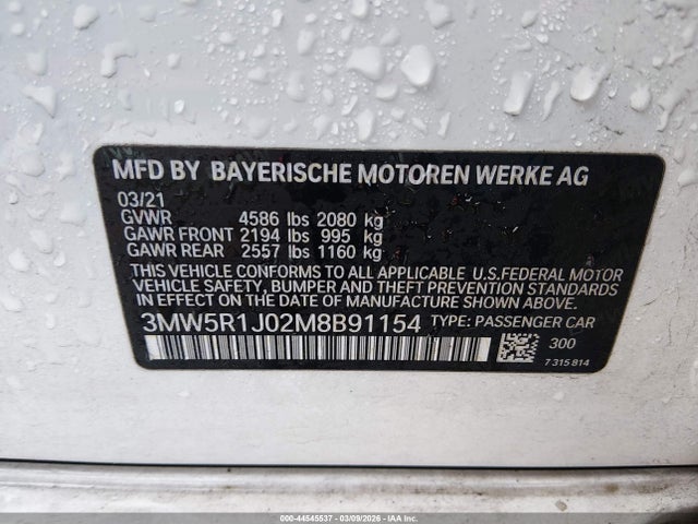 Aukcja sprzedaży 2021 Bmw 330i, vin: 3MW5R1J02M8B91154, numer aukcji: 44545537