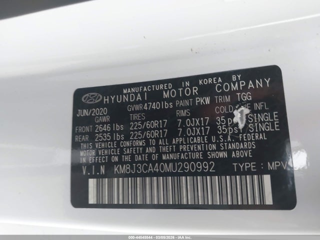 Продаж на аукціоні авто 2021 Hyundai Tucson Value, vin: KM8J3CA40MU290992, номер лоту: 44545544