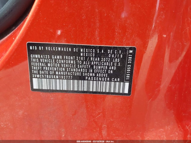 44545546 :رقم المزاد ، 3VWC57BU5KM192777 vin ، 2019 Volkswagen Jetta 1.4t R-line/1.4t S/1.4t Se مزاد بيع