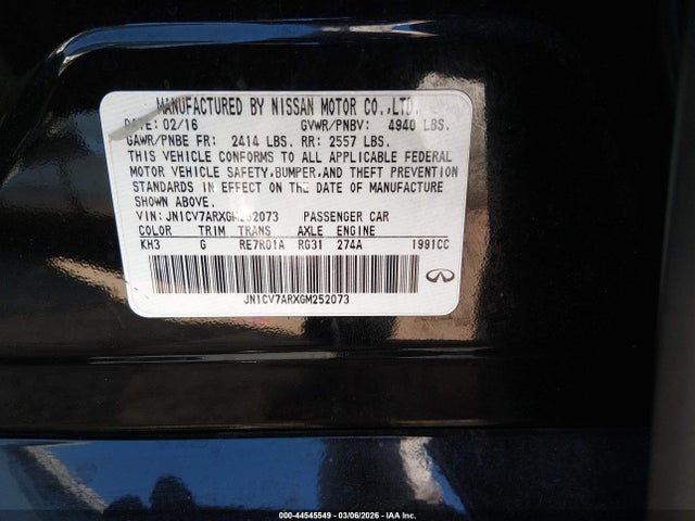 44545549 :رقم المزاد ، JN1CV7ARXGM252073 vin ، 2016 Infiniti Q50 2.0t Premium مزاد بيع