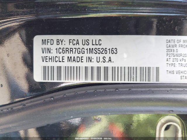 Aukcja sprzedaży 2021 Ram 1500 Classic Warlock  4x4 6'4 Box, vin: 1C6RR7GG1MS526163, numer aukcji: 44545551