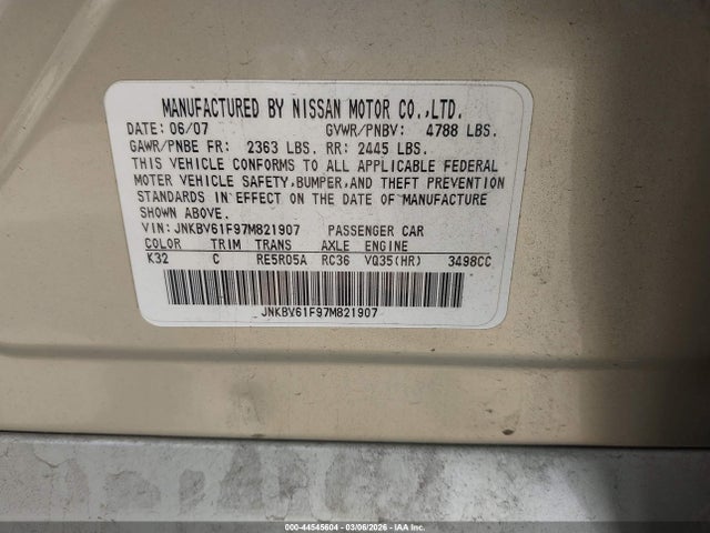 Продажа на аукционе авто 2007 Infiniti G35x, vin: JNKBV61F97M821907, номер лота: 44545604
