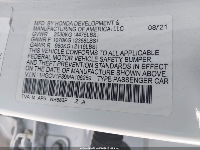 1HGCV1F39MA106289 Honda Accord Sport
