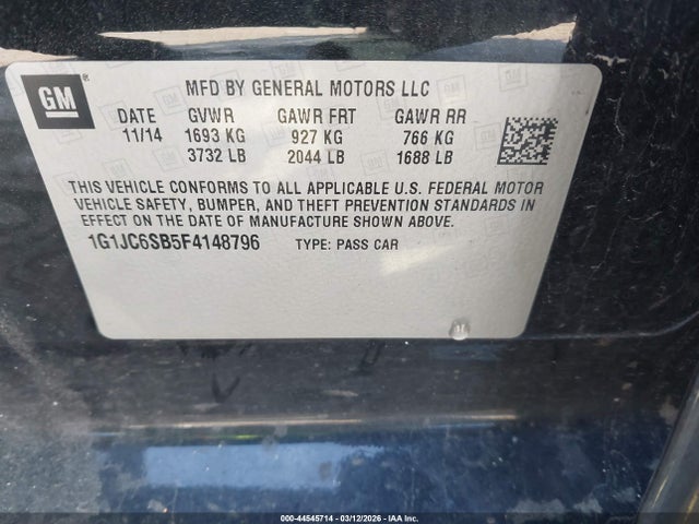 2015 Chevrolet Sonic Lt Auto მანქანა იყიდება აუქციონზე, vin: 1G1JC6SB5F4148796, აუქციონის ნომერი: 44545714