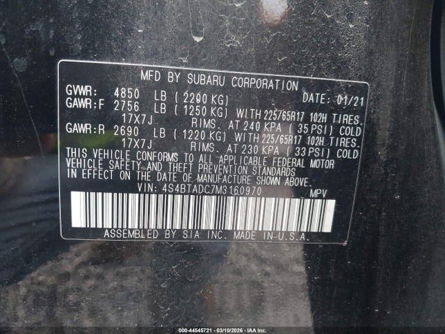 2021 Subaru Outback Premium მანქანა იყიდება აუქციონზე, vin: 4S4BTADC7M3160970, აუქციონის ნომერი: 44545721