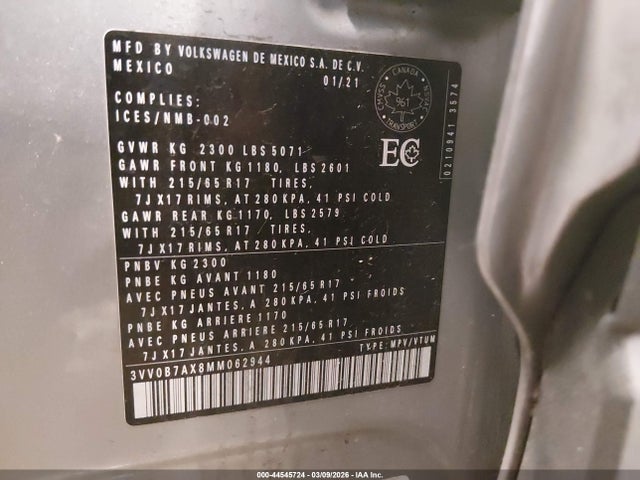 Aukcja sprzedaży 2021 Volkswagen Tiguan 2.0t S, vin: 3VV0B7AX8MM062944, numer aukcji: 44545724