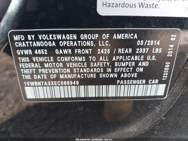 Aukcja sprzedaży 2014 Volkswagen Passat 2.0l Tdi Se, vin: 1VWBN7A3XEC086948, numer aukcji: 44545739