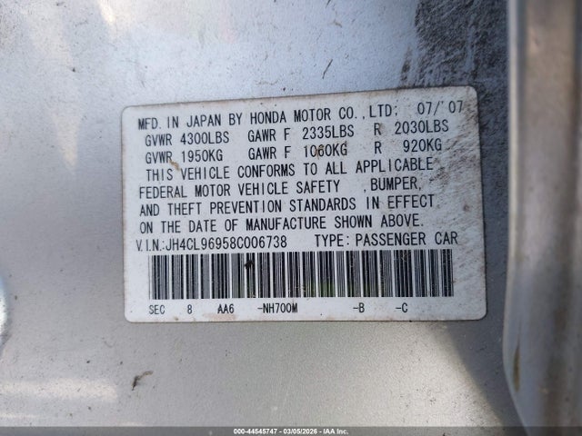 44545747 :رقم المزاد ، JH4CL96958C006738 vin ، 2008 Acura Tsx مزاد بيع