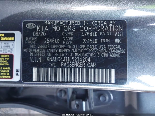 2020 Kia Cadenza Limited მანქანა იყიდება აუქციონზე, vin: KNALC4J11L5234204, აუქციონის ნომერი: 44545751