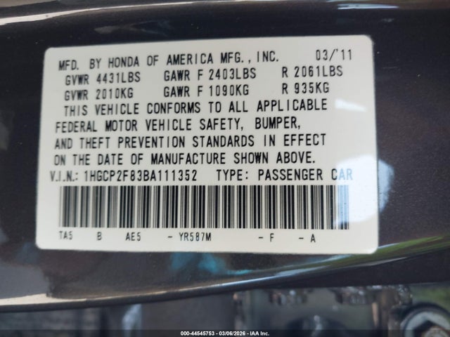 Продажа на аукционе авто 2011 Honda Accord 2.4 Ex-l, vin: 1HGCP2F83BA111352, номер лота: 44545753