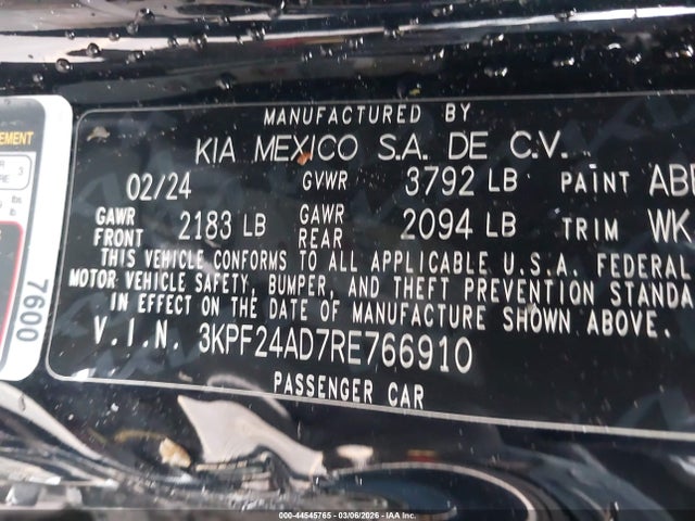 Aukcja sprzedaży 2024 Kia Forte Lx, vin: 3KPF24AD7RE766910, numer aukcji: 44545765